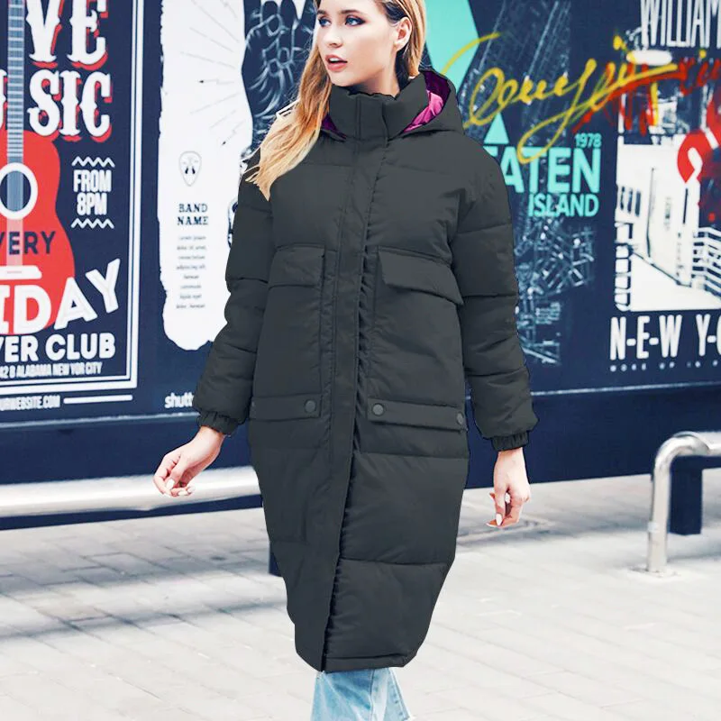 Abardsion, Женское зимнее теплое пальто с капюшоном, куртка, Высококачественная ветровка, женская уличная одежда, повседневные Длинные куртки, парка - Цвет: Черный