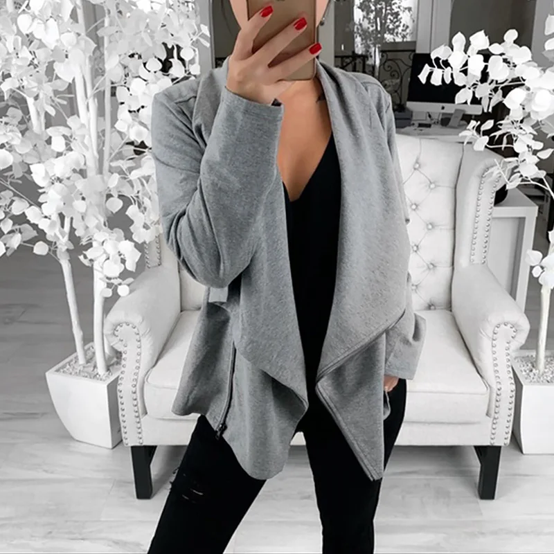 

2019 Fashion Autumn Women Casual Long Sleeve Top Solid Color Diagonal Zip Pullover Front Open Short Jacket Work Office Coat