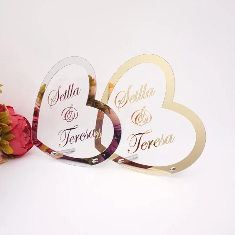 Heart Shape Name Wedding Decoration Acrylic Mirror Frame Welcome Word Sign Party Decor With Nail Guests Favor Gift