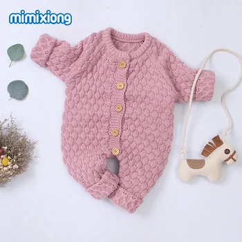 

2020 autumn baby jumpsuit front buckle knitted solid color jumpsuit newborn climbing suit