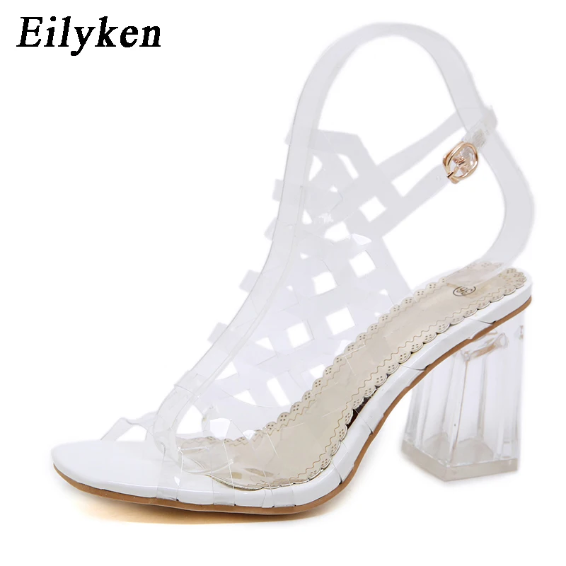 Eilyken/Новинка года; Серебристые прозрачные женские босоножки из ПВХ на высоком каблуке; прозрачные женские босоножки с ремешком на щиколотке; большие размеры 34-40