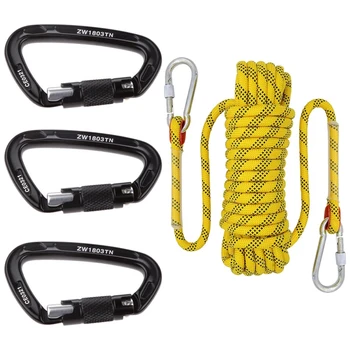 

3Pcs 24KN Aluminum Snap Hook D-Ring Mountaineering Rappelling Tree Care Black & 1x 20M Climbing Rope Diameter 12mm