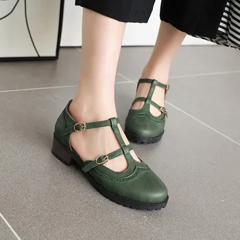 

US4-11 Womens Retor Brogue T-strap Lolita Mary Janes Chunky Low Heel Belt Buckle Oxfords Pumps Brogue Vintage Shoes 4Colors Plus