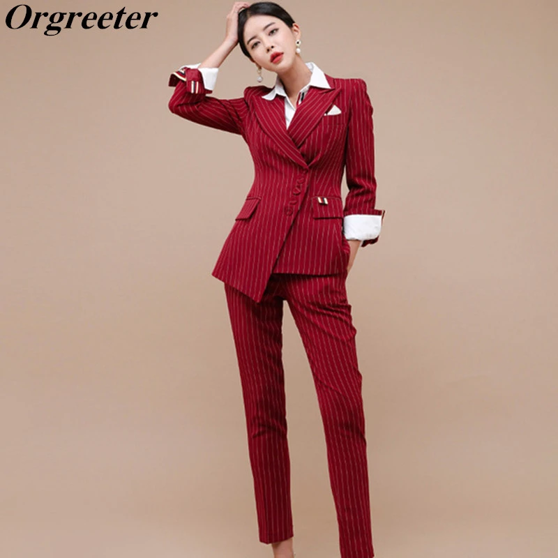 Schuine Enkele Breasted Blazer Met Broek Pakken Voor Vrouwen Winter Rode  Gestreepte 2 Stuk Set Formele Kantoor Werk Jas Uitloper|Pant Suits| -  AliExpress