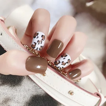 

24pcs/box with 2g glue Leopard Pattern Fake Nails press on Design Coffee Color Short Full Cover Finger acrylic artificial nails