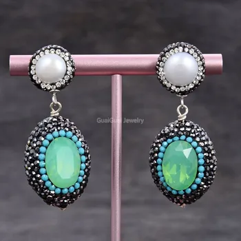 

GG Jewelry White Pearl Green Crystal Black Macarsite Earrings