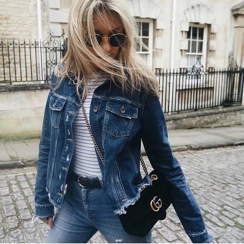 

2018 Spring Europe And America WOMEN'S Dress Cool Irregular Frayed Trim Jacket Single Breasted Long Sleeve Jeans Coat