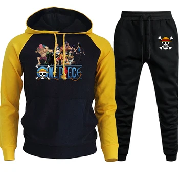 

2019 Autumn Winter One Piece Sweatshirts Mens Raglan Hoodies Pants 2 Sets Cartoon Japan Anime Harajuku Casual Suit Fleece Hooded