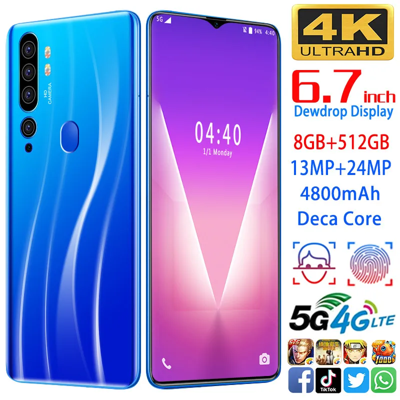 A12 Cellphone MTK6799 Phones deca core 6.7inch HD+1440*3040 Cell phones 5G  Phone 8GB+512GB Mobile phone 13MP+24MP
