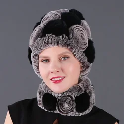 Fashion Girl Fur Cap Lady Winter Natural Real Rex Rabbit Fur Hat Scarf Suite High Quality Women 100% Genuine Fur Free Shipping