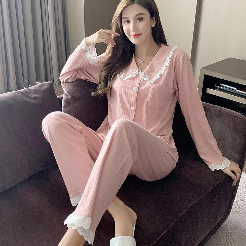 

Ladies pajamas suit solid color cardigan long-sleeved trousers suit two-piece leisure and comfortable warm home suit JJF0055
