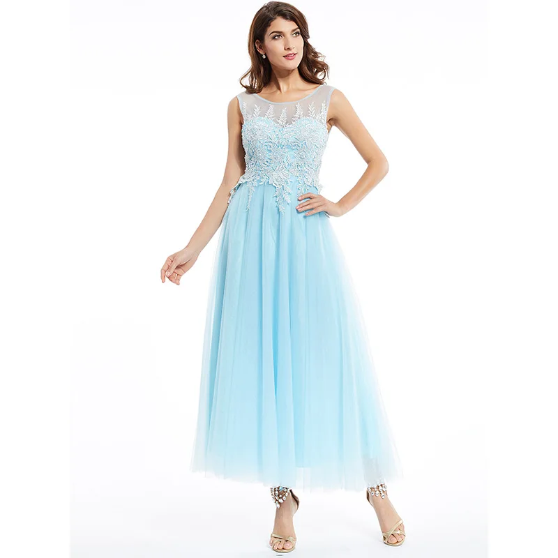 Dressv синее длинное вечернее платье с аппликацией без рукавов, недорогое свадебное торжество, вечернее платье трапециевидной формы es