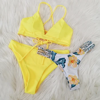 

2020 Women Three Piece Bikini Set Lace Up Floral Print Bandage Swimsuit Knitted Thong Brazilian Biquini Swimwear Bathing Suits