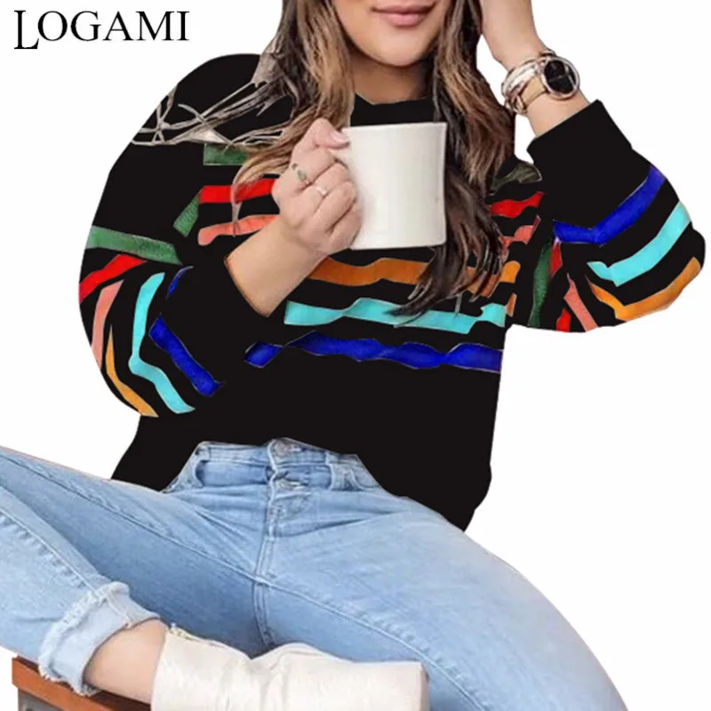 

LOGAMI Rainbow Striped Long Sleeve Pullovers and Sweaters Female Autumn Winter Sweat Jumper Knit Pullover