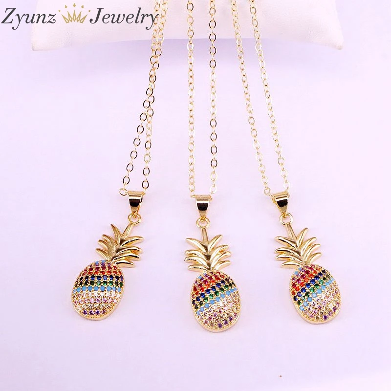 Necklaces 10 шт, радуга красочные CZ микро проложить кулон с ананасом Шарм ожерелье - Окраска металла: Necklaces