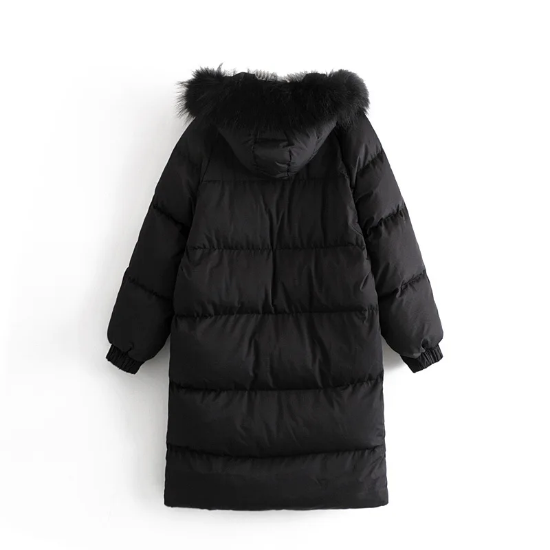 

2018 Winter New Style Simple Versatile Genuine Fur Collar Hooded Long down Cotton Cotton-padded Clothes WOMEN'S Dress Bicolor