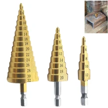 

HSS Straight Groove Step Drill Bit Tool Titanium Plated Hexagon Shank Cutter Core Drilling Woodworking Tool 4-12mm 4-20mm 4-32m