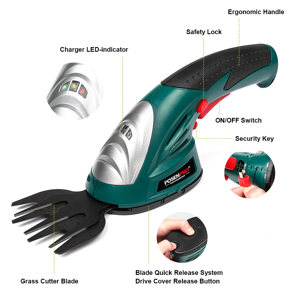 7.2V Pruning Shears 2in1 Cordless Grass Hedge Trimmer Battery Rechargeable Shear Hedger PGHT7.2 Cordless Garden Tool POSENPRO 3