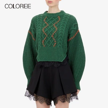 

COLOREE 2019 Autumn Winter Women Sweater Runway Designer Long Sleeve Round Neck Patchwork Green Jumper Pullover For Female New