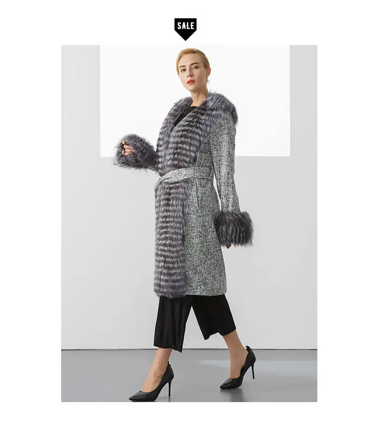 Зимнее пальто женское роскошное Новое модное серое Длинное Элегантное повседневное теплое пальто с натуральным лисьим мехом пальто женское размера плюс