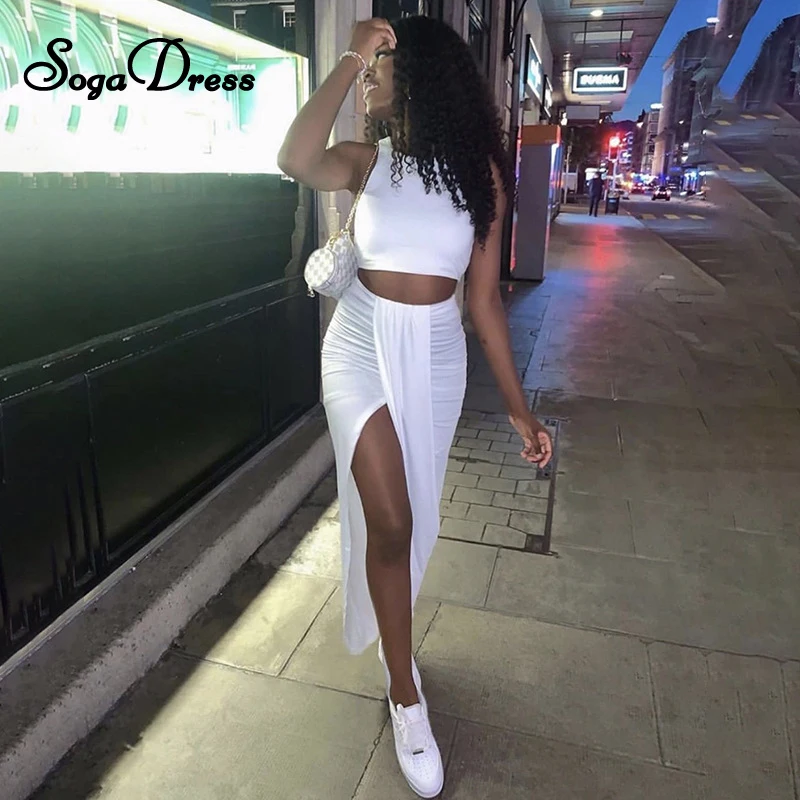 

SOGA DRESS 2020 Sexy Women Matching Sets Crop Top Vest Ruched Split Plus Size Irregular Maxi Skirt Party Club 2 Piece Set Outfit