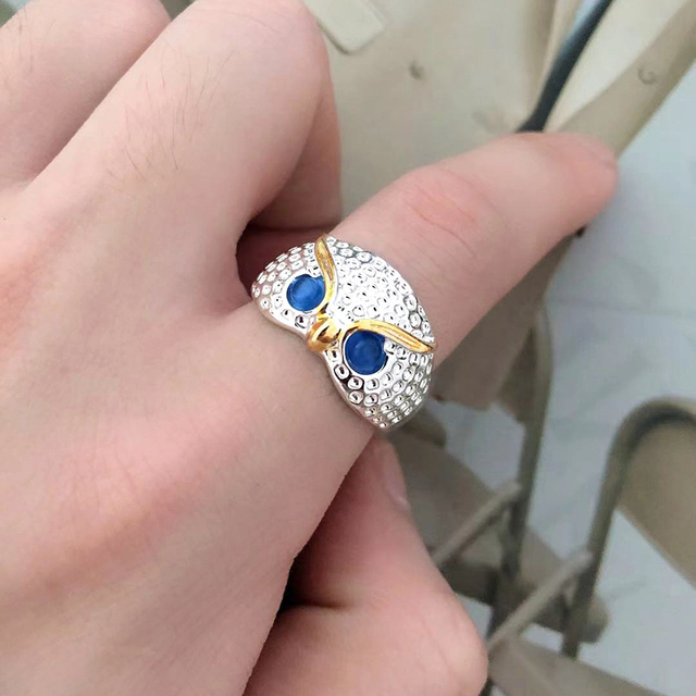 Rhinestone Owl Ring Blue Eyes Simple Style Girl Woman Popular Ring Fashion Men Jewelry Gifts Adjustable