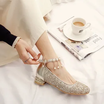 

US4-11 Womens Round Toe Sequins Bling Ankle Metal Chain Decor Peals Rhinestones Low Chunky Heel Shoes Wedding Bridal Plus Size