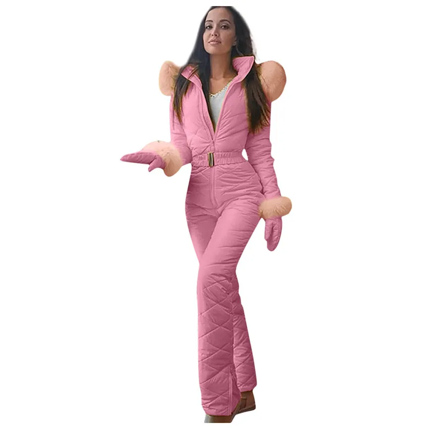 Pink Женский модный цельный лыжный комбинезон, повседневный толстый зимний теплый лыжный костюм для сноуборда, уличные спортивные лыжные штаны, комплекты на молнии, лыжный костюм - Цвет: Pink