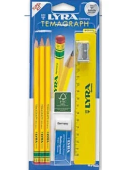 

Set of graphite pencils temagraph, HB, sharpener, eraser, ruler set