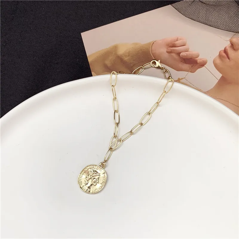 HUANZHI тренд Ретро Королева Аватар круглая монета Геометрическая цепочка металлический браслет для женщин девушек вечерние украшения