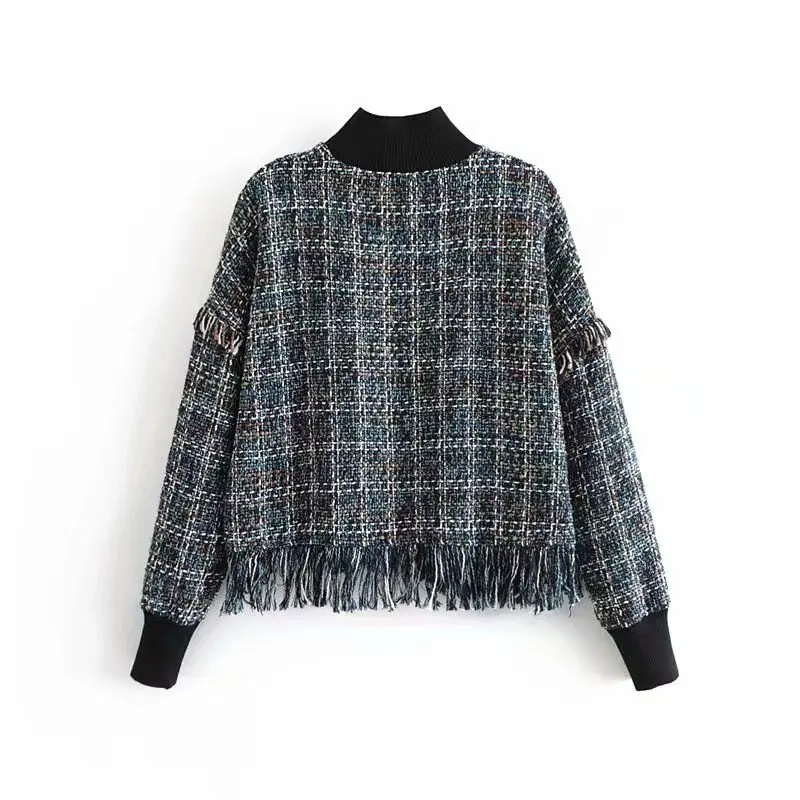 Star firefly wild high collar lantern sleeve plaid Sweatshirt female casual blue woven soft wool small fragrance tassel top