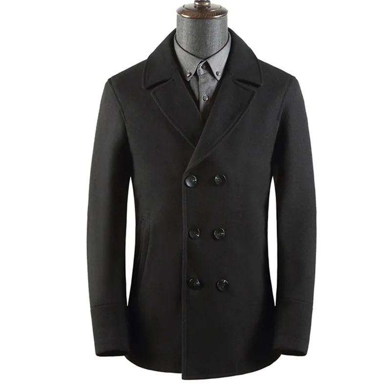 Классический стиль мужской двубортный шерстяной пиджак Осень Зима Новая модная деловая куртка повседневное пальто мужской бренд - Цвет: Черный