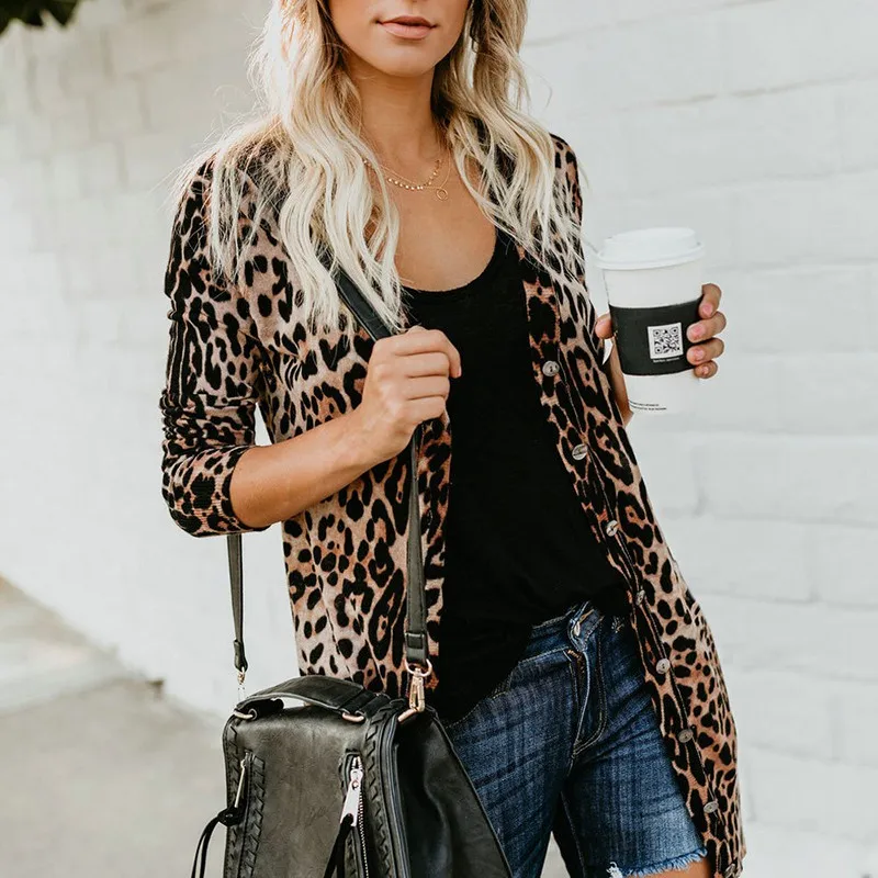 

Long Sexy V-neck Single Breasted Women's Jacket Fashion Beautiful Leopard Print Long Sleeve Coat Casual Full Sleeve Loose M-2XL