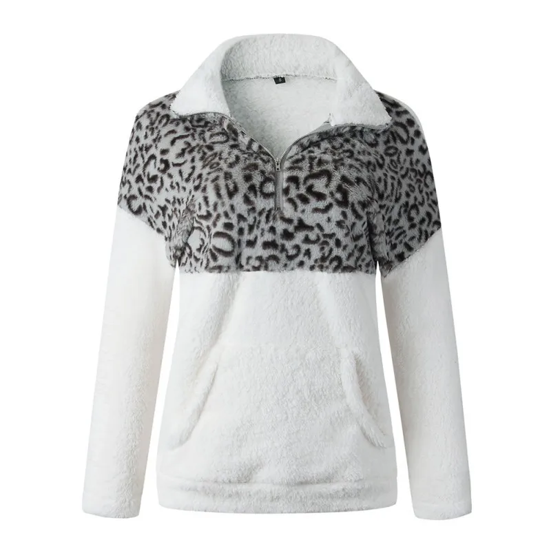 

2019 New Women Plush Sweater Zipper Leopard Stitching Long Sleeve Casual Warm Winter Autumn Sweater Loose Tops