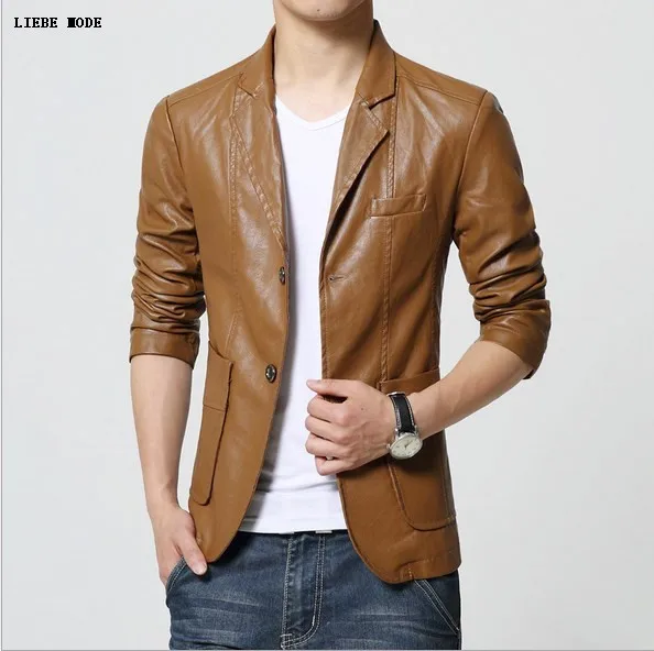 Korean Style Men Leather Blazer Slim Fit Fashion Mens Pu Dress Jacket Hombre 2019 Men's Black White Khaki Red Faux Leather Coat