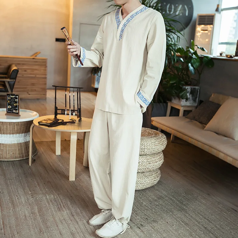 

2019 Autumn New Style Chinese-style Embroidered Set Men's Loose-Fit Chinese Clothing Two-Piece Set Retro Cotton Linen Long-sleev