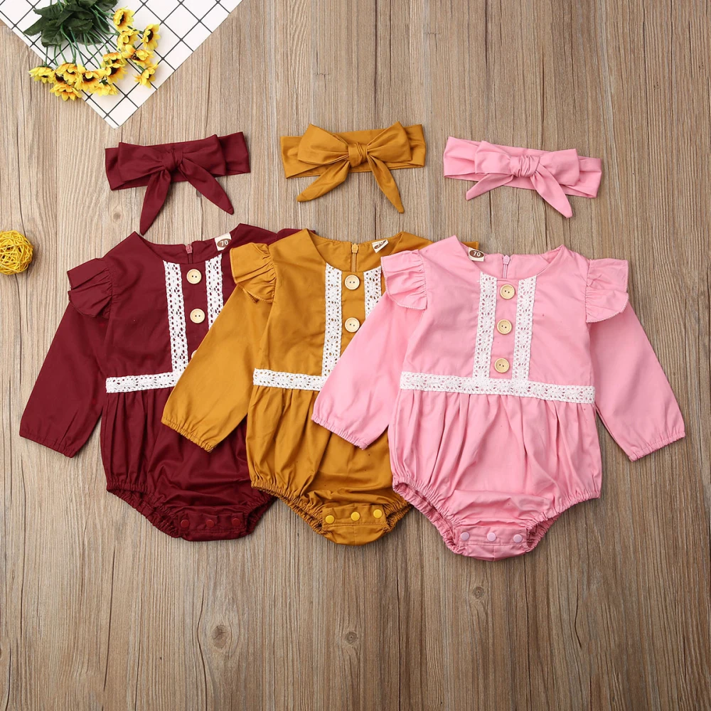 2PCS Newborn Baby Girl Bodysuits Autumn Clothes Long Sleeve Lace Bodysuit Jumpsuit Bodysuits Sunsuit baby kleding