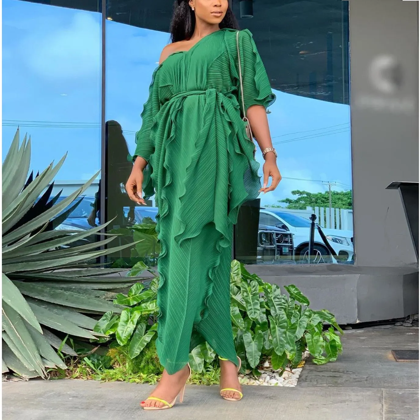 

Nice Vintage Women V Neck Ruffles Long Dress Loose Lace Up Pleated Midi Dresses Vestidos Summer Autumn Female Boho Beach Dresses