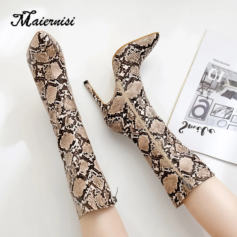 

MAIERNISI Women Lace-Up Boots Snake Print Ankle Boots High heels Fashion Pointed toe Ladies Sexy shoes fashion New Chelsea Boots