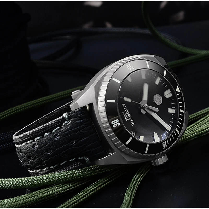 Мужские часы San Martin из титана с сапфировым стеклом SW200 с кожаным ремешком t Shark, суперлюминесцентные Автоматические наручные часы для мужчин