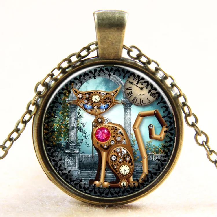Стимпанк Механический Кот время камни стекло длинные ожерелья подвески для