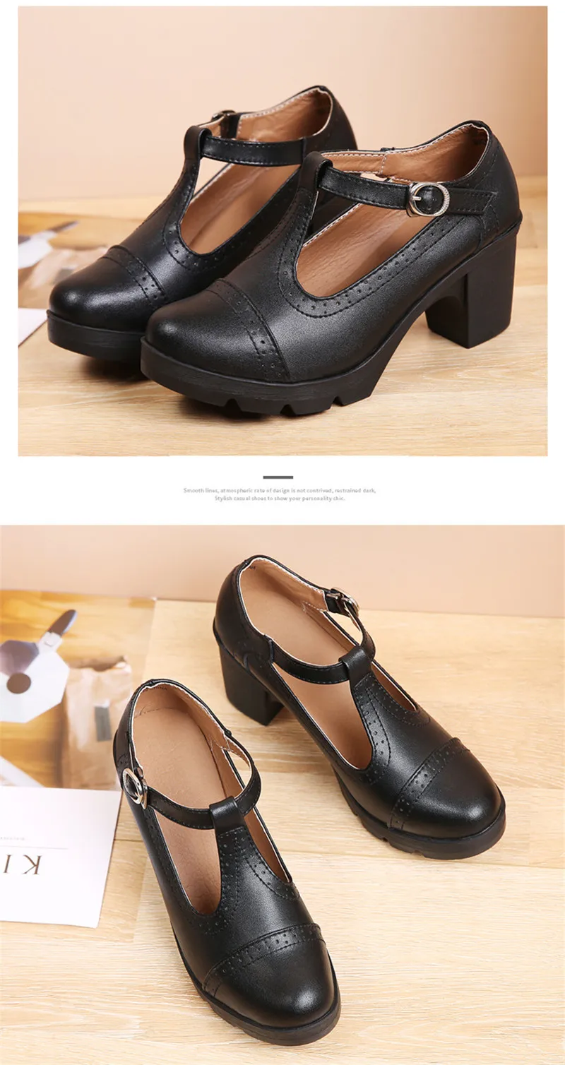 Size 34-43 Pumps Women's Shoes Buckle T-Strap Leather Oxfords Shoes Mary Jane Retro Mid-Heel Ladies Platform Single Pumps Shoes (24)
