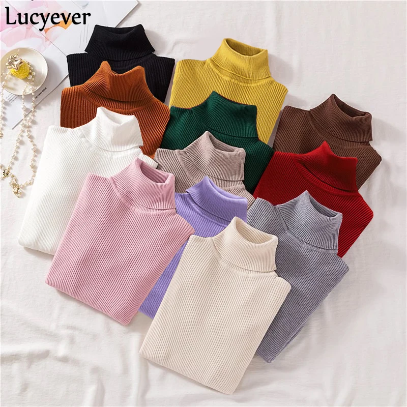 Lucyever Turtleneck Women Knitted Pullovers Sweater Fashion Autumn Winter Soft Jumper Korean Slim Long Sleeve Girls Basic Tops