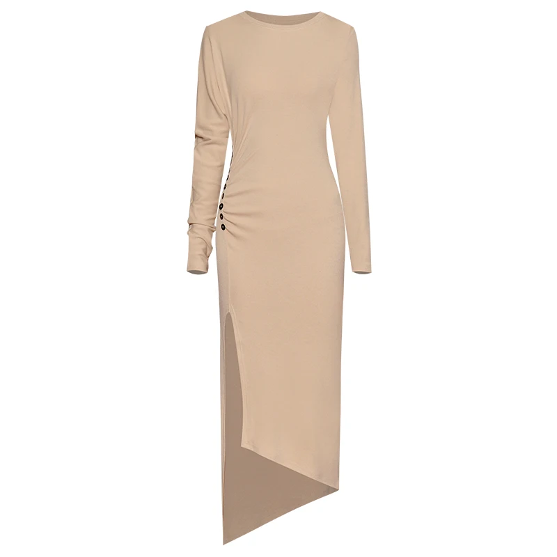 GoodliShowsi Fashion Runway Women's Sexy Sheath Dress Asymmetrical Solid Color O-Neck Split Lady Sweater Bodycon Dress 2 Colors