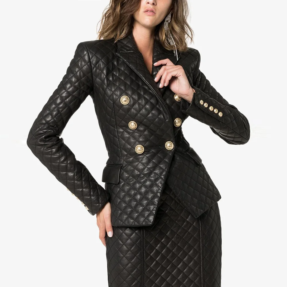 HarleyFashion роскошный зимний дизайн верхняя одежда Теплый Хлопок внутри женские повседневные черные пиджаки клетчатая тонкая куртка из искусственной кожи