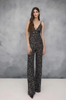 

New Celebrity Black Slip V-neck Beading Rayon Bandage Jumpsuit Evening Party Jumpsuit