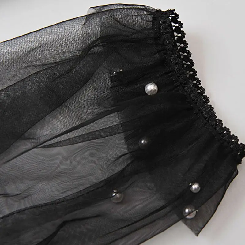 1Pair New Women Elegant Lace Detachable Elastic False Long Puff Sleeves Imitation Pearl Beaded Decorative Loose Arm Cover