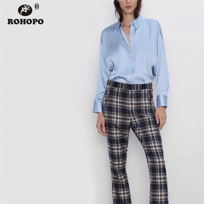 

ROHOPO Sky Blue Stain Long Sleeve Blouse Autumn Round Edge High Low Length Flared Hem Solid Ladies Top Shirt #2238