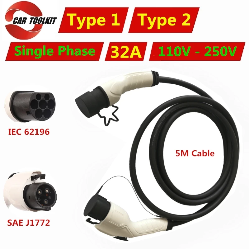 32A EV Charger Cable Type 1 to 2 IEC 62196 Convertor SAE J1772 Adapter EVSE Electric Vehicle Car Charging Station 110V-250V | Автомобили и