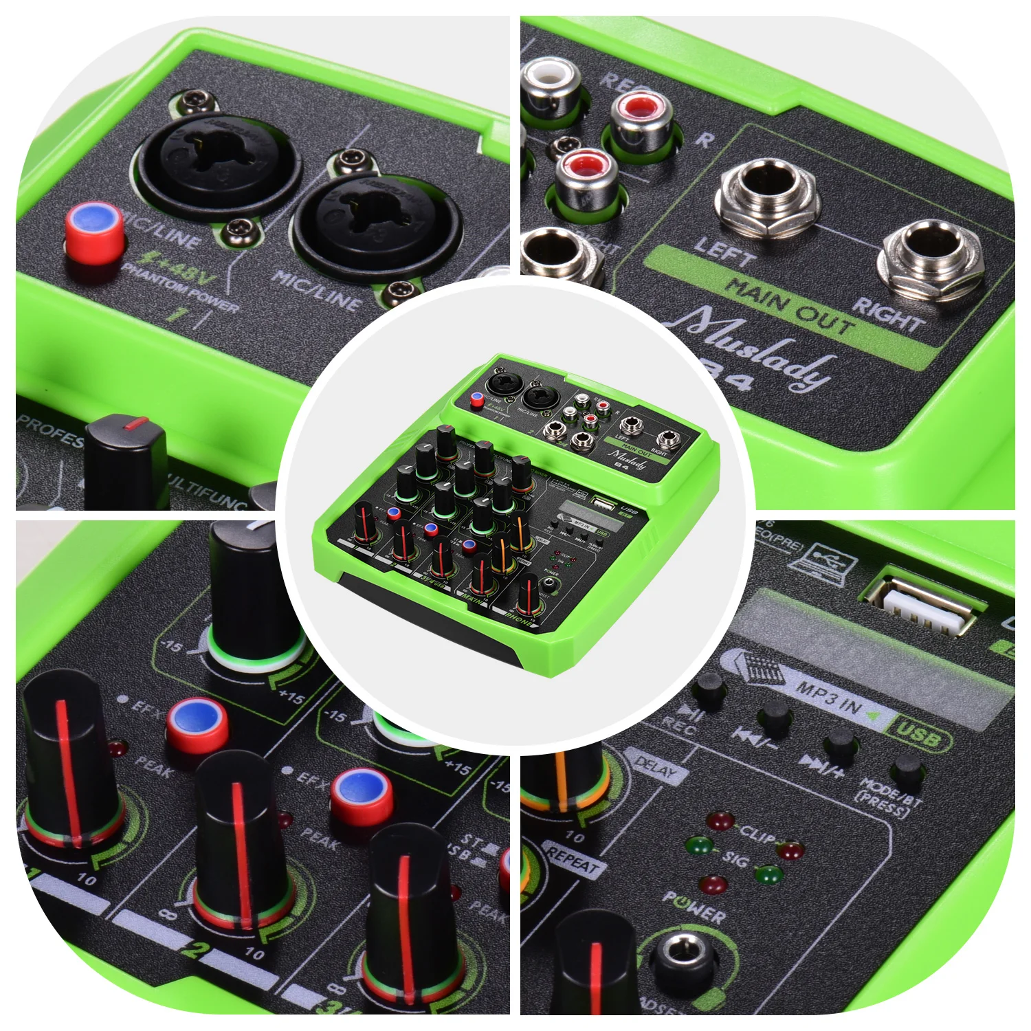Muslady B4 Portable 4 Channels Audio Mixer USB Mixing Console Supports BT Connection with Sound Card Built-in 48V Phantom Power